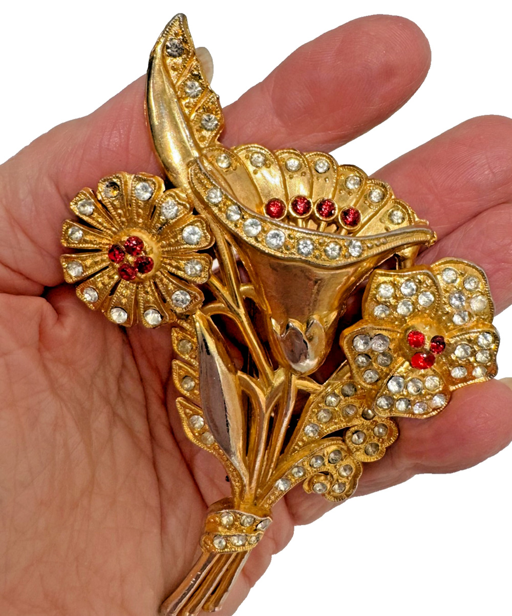 Jomaz? 1940s Mazer Brooch Pin Flower Spray 3D LARGE 3.75" Red Clear Rhinestones